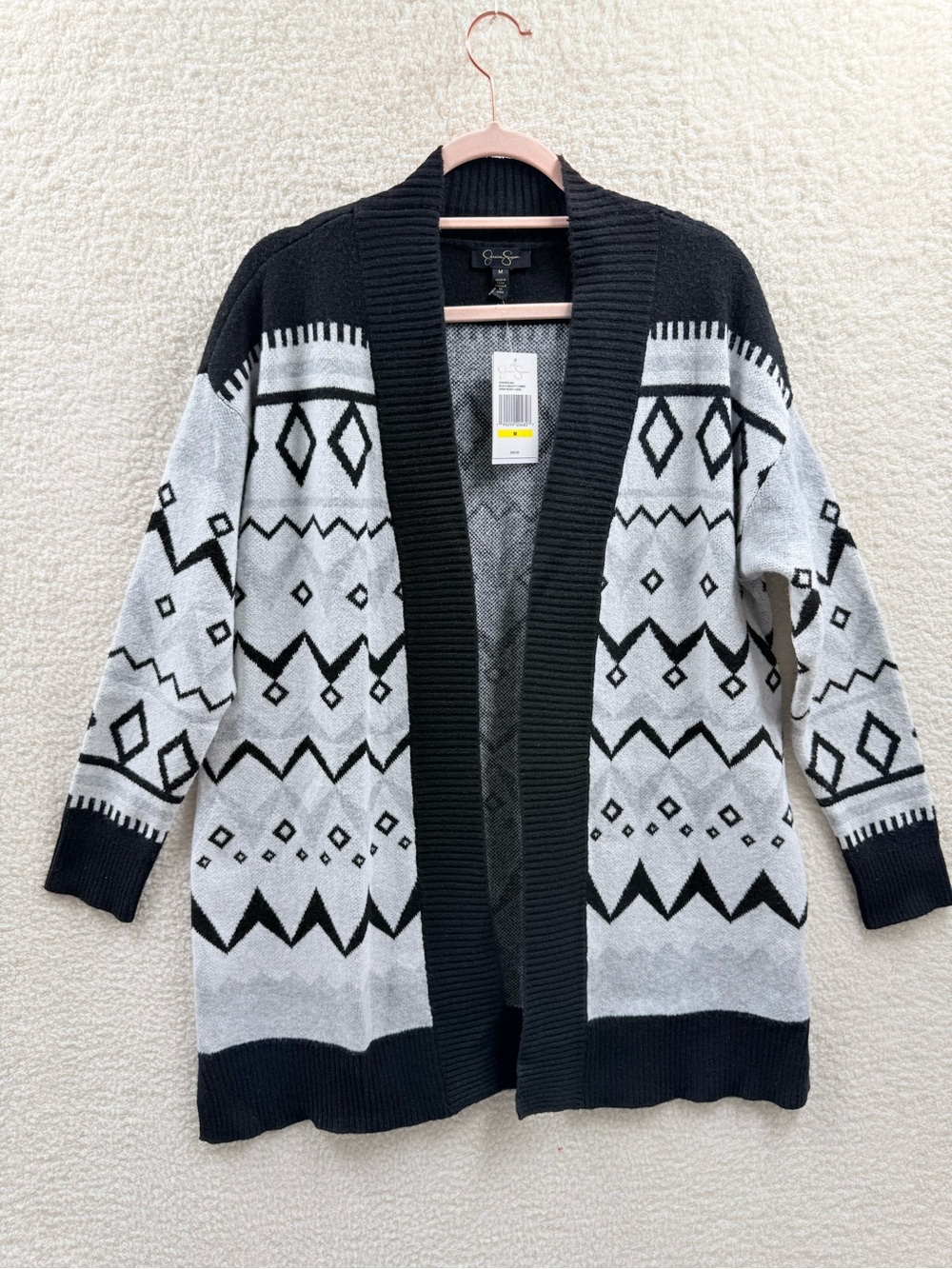 Jessica Simpson black beauty combo diamond print open front cardigan Size M NWT